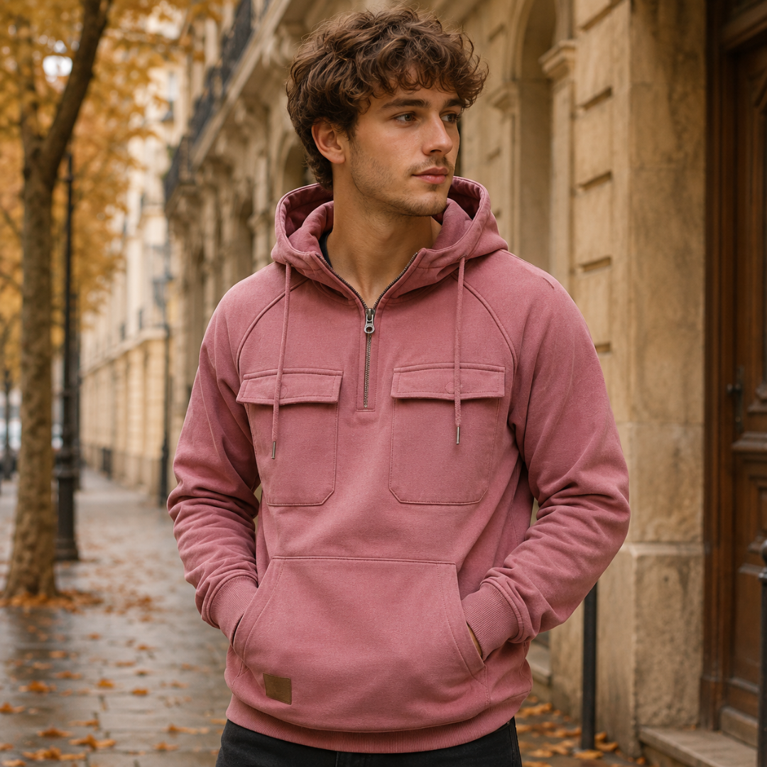 Felpa uomo rosa con cappuccio, mezza zip e due tasche con patta sul petto