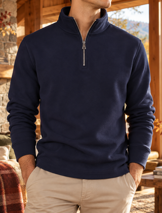 Felpa uomo blu navy con mezza zip metallica e collo alto