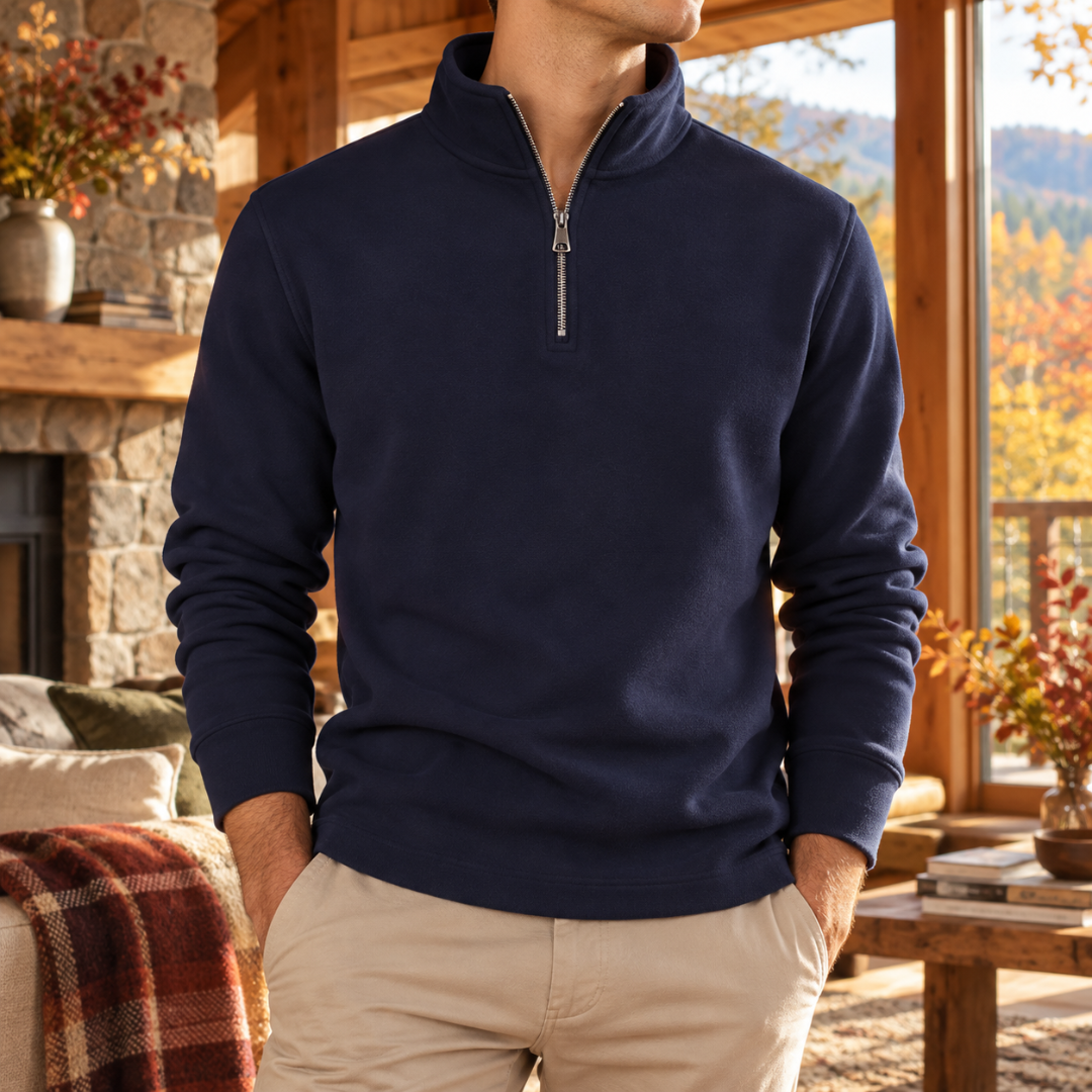 Felpa uomo blu navy con mezza zip metallica e collo alto