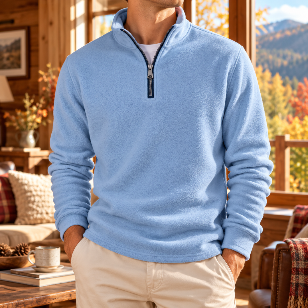 Felpa uomo celeste con mezza zip blu a contrasto e collo alto