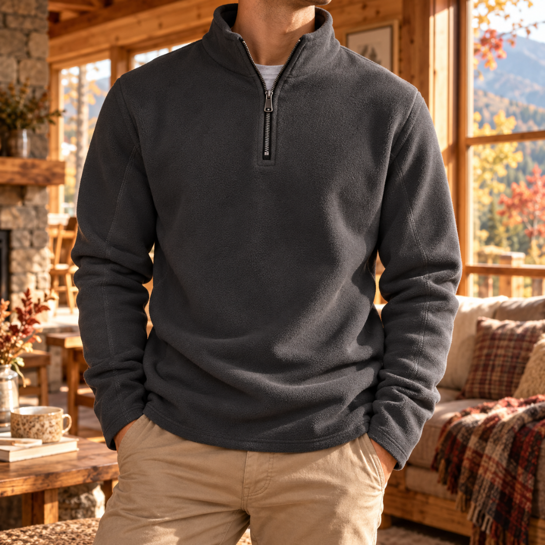 Felpa uomo grigio scuro con mezza zip aperta e collo alto