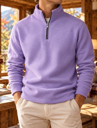 Felpa uomo lavanda con mezza zip e collo alto, maniche lunghe