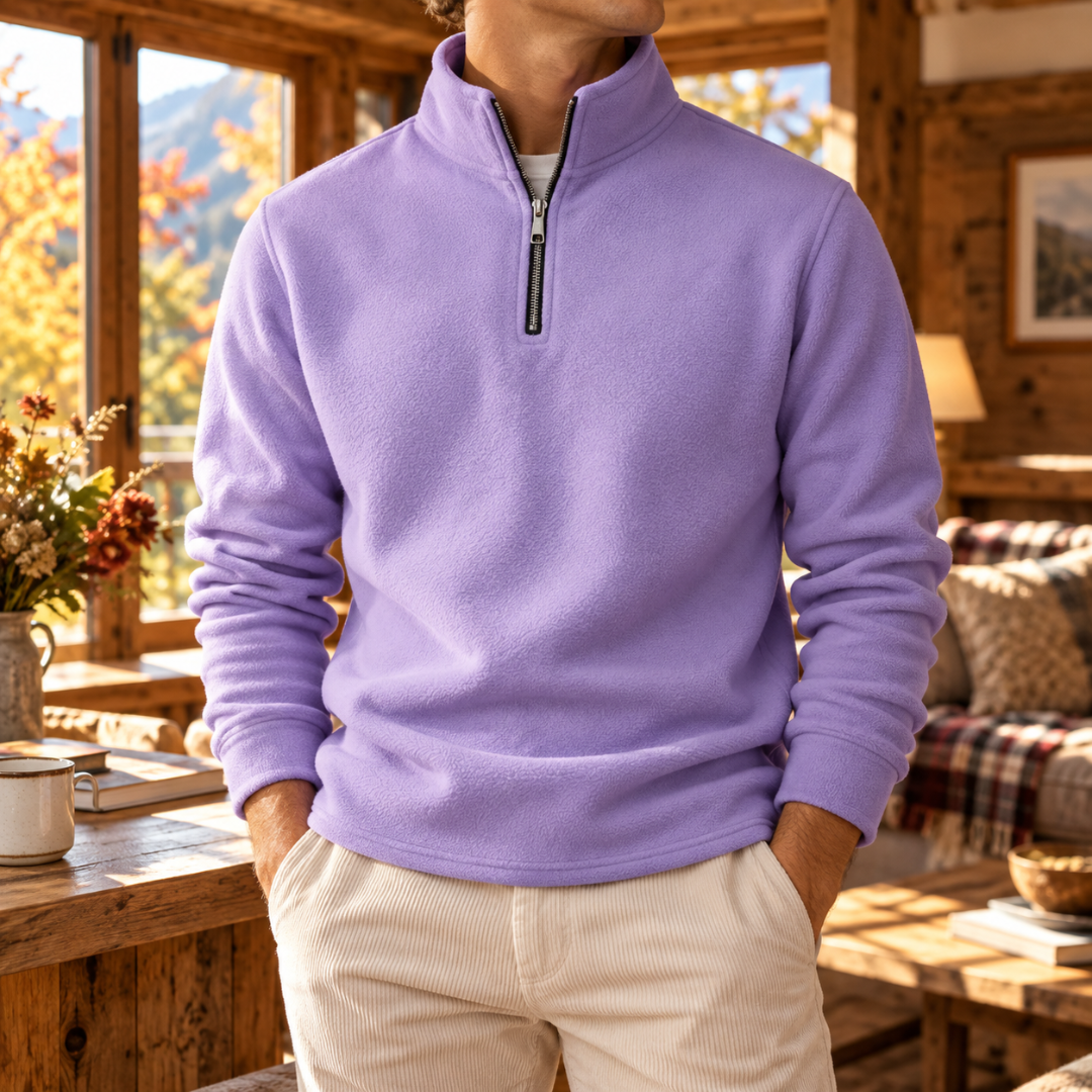 Felpa uomo lavanda con mezza zip e collo alto, maniche lunghe