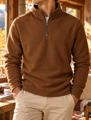 Felpa uomo marrone con mezza zip e collo alto, maniche lunghe