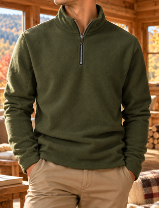Felpa uomo verde oliva con mezza zip argentata e collo alto