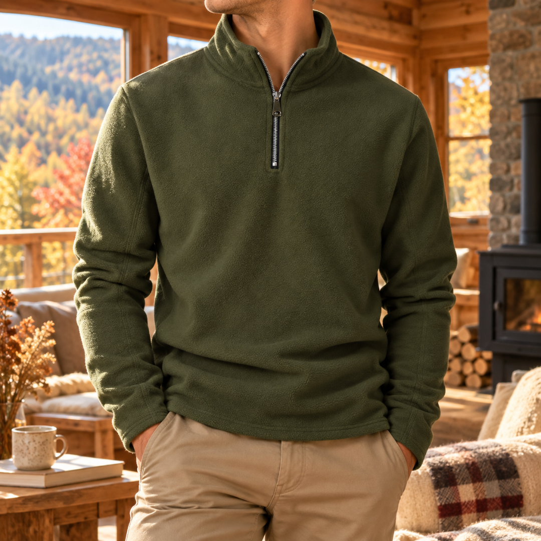 Felpa uomo verde oliva con mezza zip argentata e collo alto