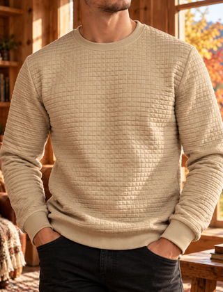 Felpa uomo beige trapuntata con maniche lunghe e fondo rifinito a coste