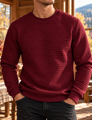 Felpa uomo rossa con texture trapuntata e girocollo a coste, vista frontale