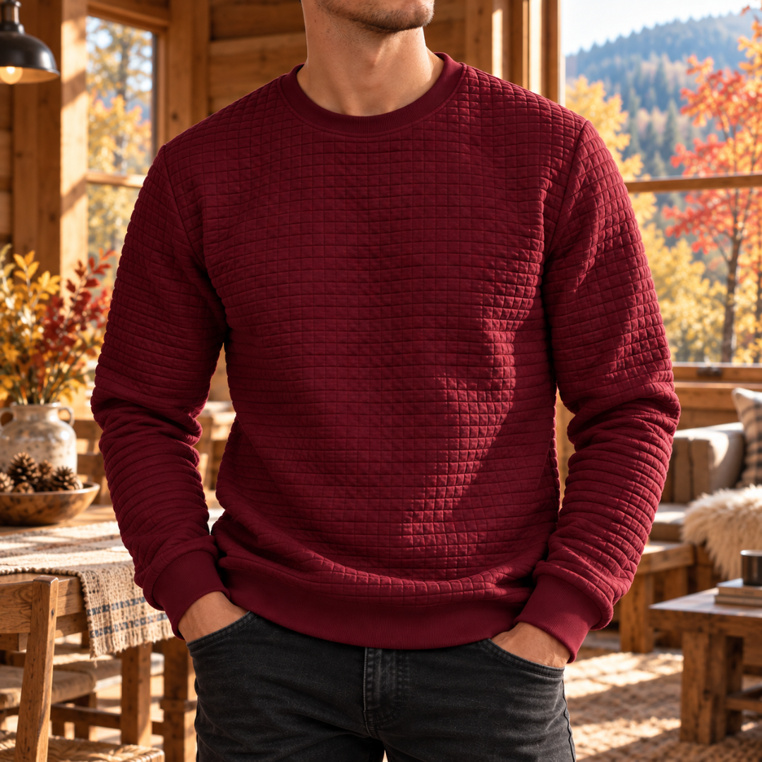 Felpa uomo rossa con texture trapuntata e girocollo a coste, vista frontale