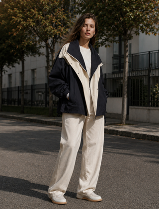 Giacca a vento nera donna con interno bianco a contrasto e chiusura zip