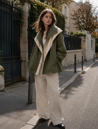 Giacca a vento verde donna con collo a contrasto bianco e tasche applicate