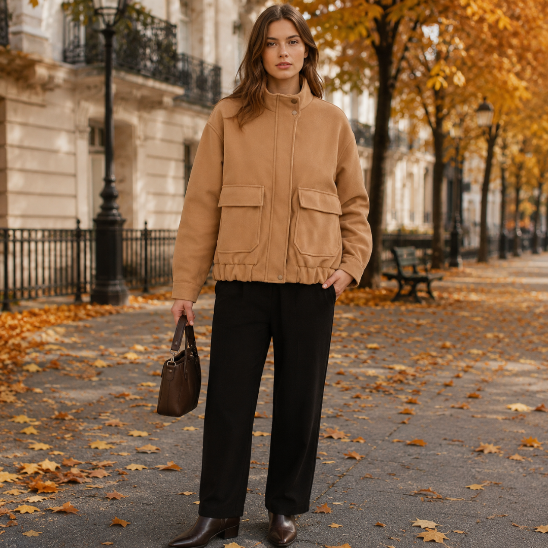 Giacca bomber donna cammello con collo alla coreana e tasche con patta