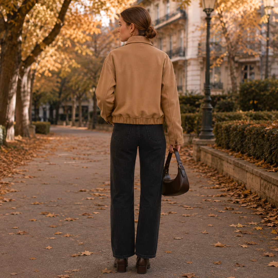 Retro della giacca bomber donna cammello con spalle ampie e bordo arricciato