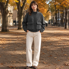 Giacca bomber donna grigio scuro con collo alla coreana e tasche con patta