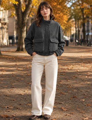 Giacca bomber donna grigio scuro con collo alla coreana e tasche con patta