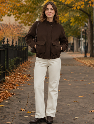 Giacca bomber donna marrone corta con due tasche frontali e collo alto