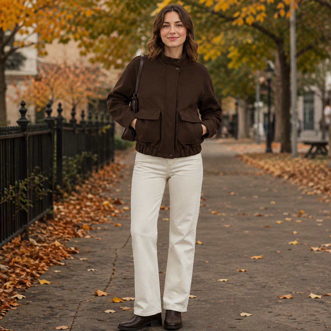 Giacca bomber donna marrone corta con due tasche frontali e collo alto
