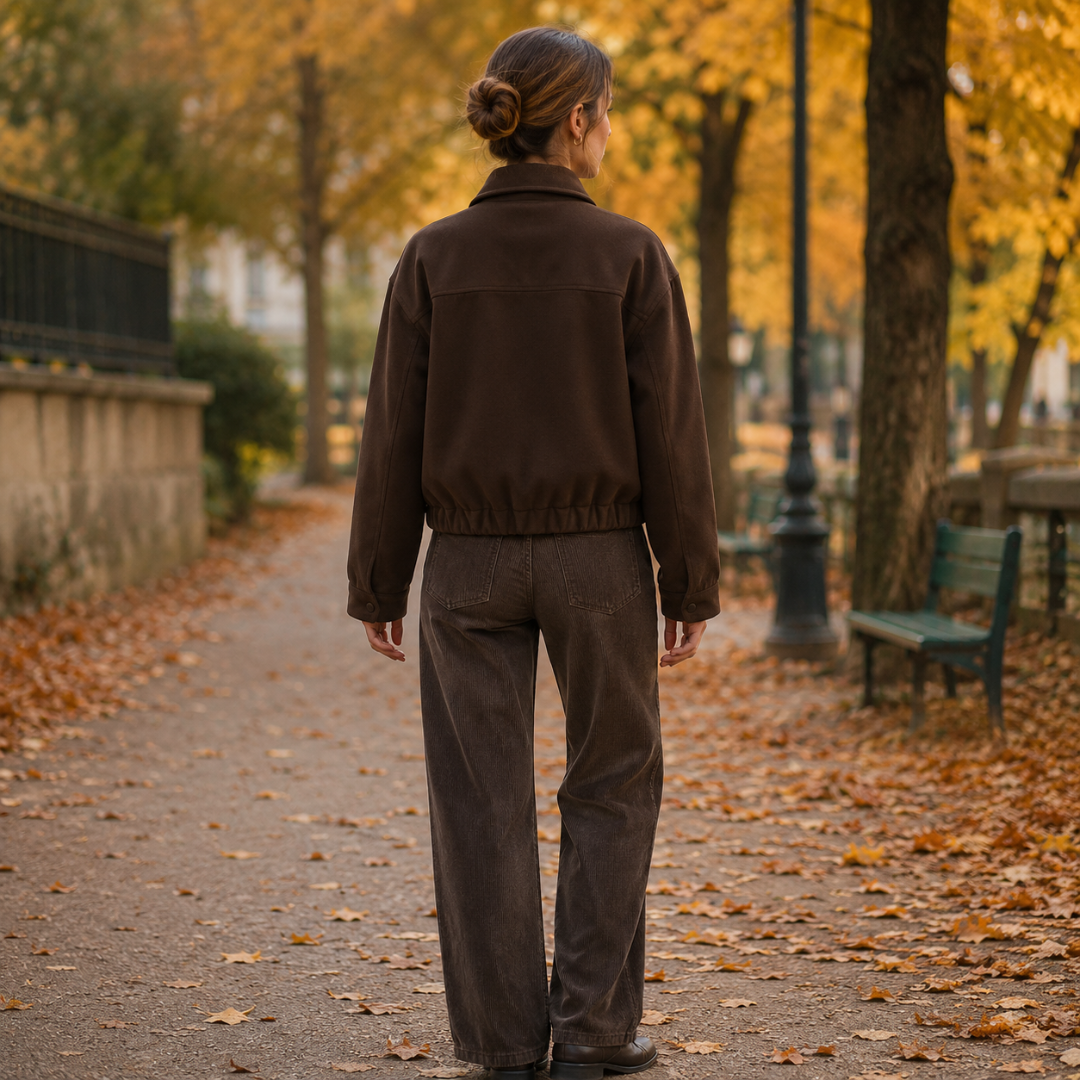 Retro della giacca bomber marrone con polsini abbottonati e cucitura sulle spalle