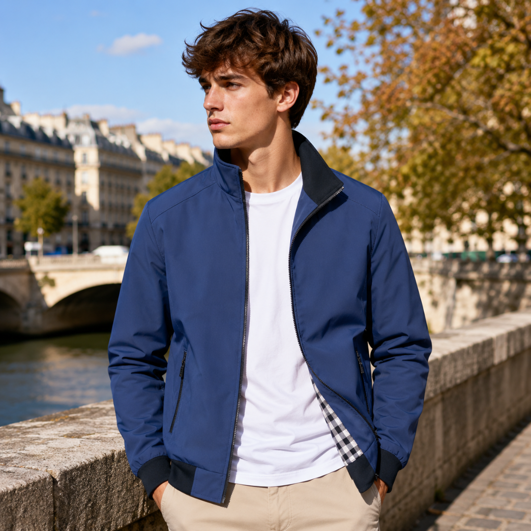Giacca bomber uomo blu con tasche laterali con zip e polsini a coste neri