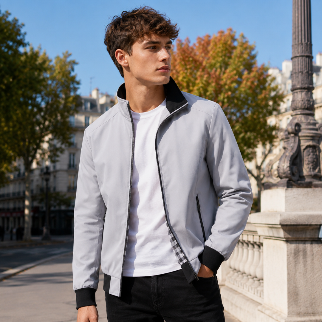 Giacca bomber uomo grigio chiaro con colletto nero a contrasto e zip aperta