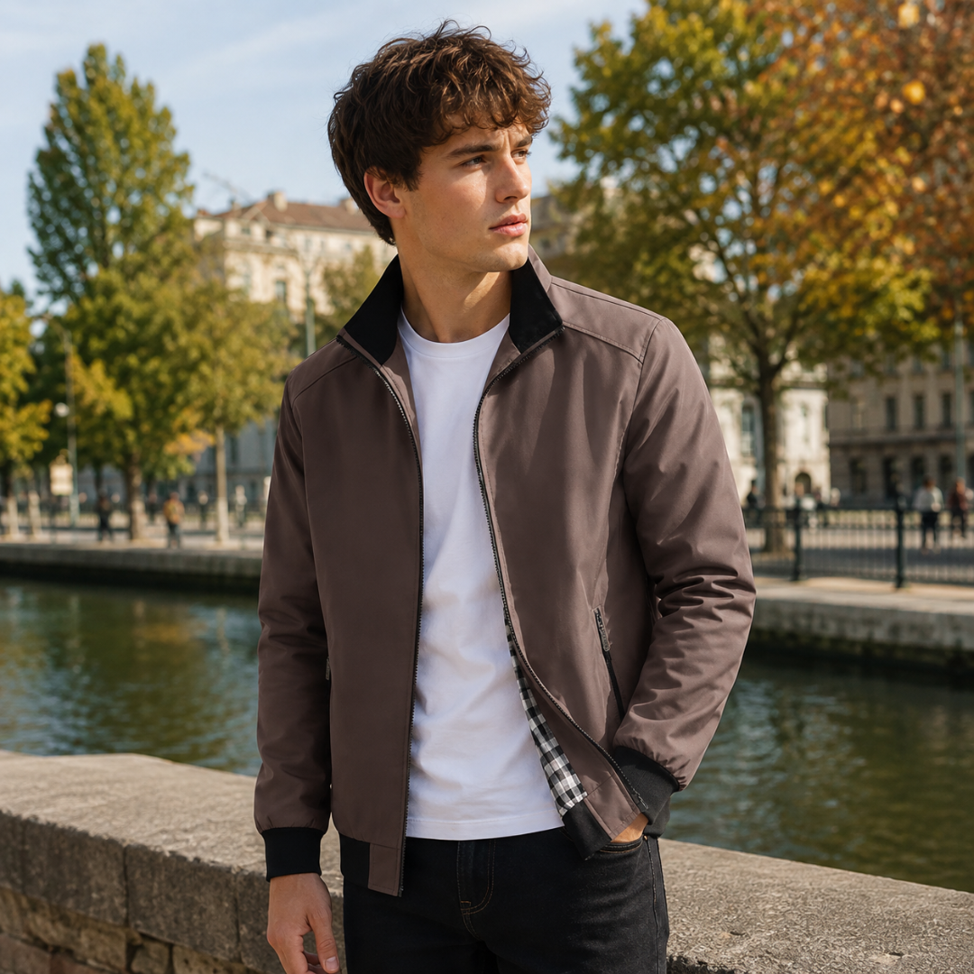 Bomber uomo marrone con colletto nero a contrasto e chiusura con zip