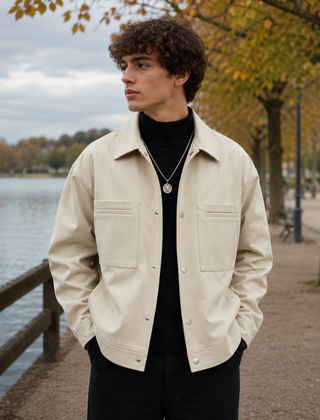 Giacca camicia uomo beige con colletto a camicia e bottoni a pressione argentati