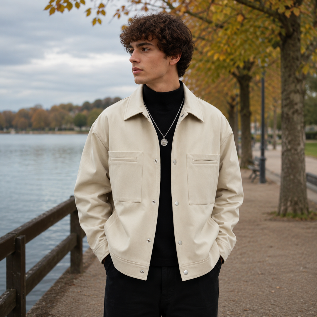 Giacca camicia uomo beige con colletto a camicia e bottoni a pressione argentati