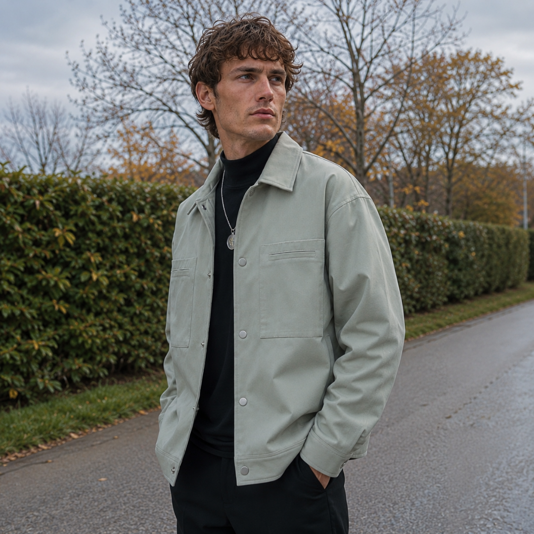 Uomo indossa giacca camicia verde aperta con due tasche applicate sul petto