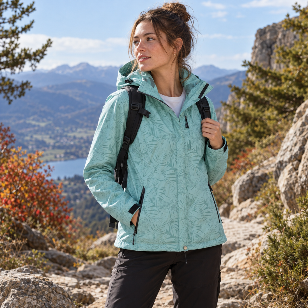 Giacca donna blu con cappuccio e stampa a foglie, zip integrale aperta sul sentiero