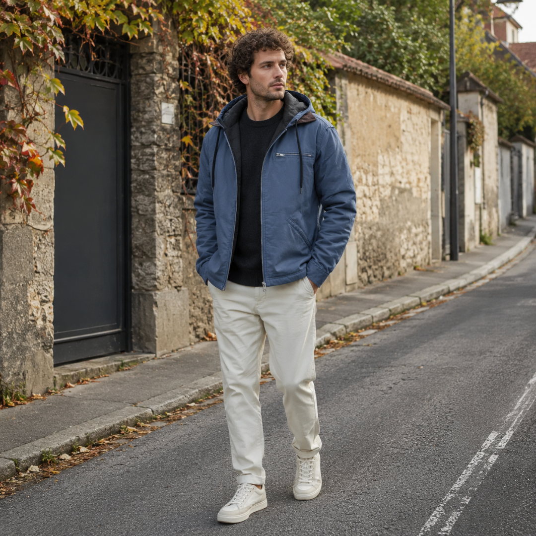 Giacca uomo blu con cappuccio e tasche a filetto sui fianchi