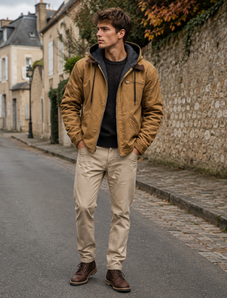 Giacca uomo color cammello con cappuccio a contrasto e zip frontale aperta