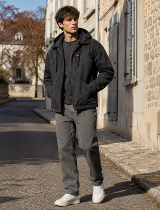 Giacca nera uomo con cappuccio, coulisse e chiusura con zip frontale
