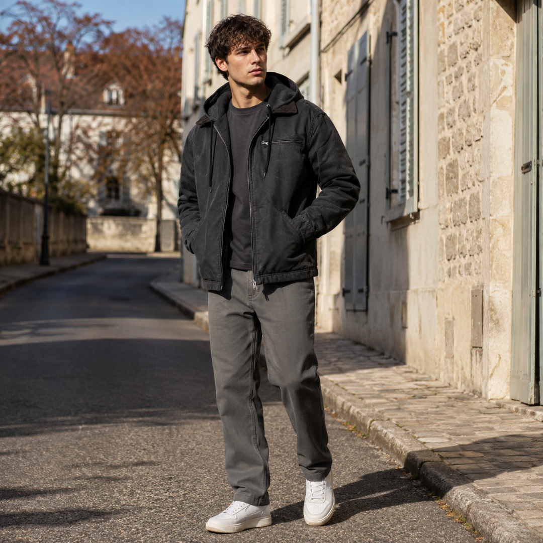 Giacca nera uomo con cappuccio, coulisse e chiusura con zip frontale