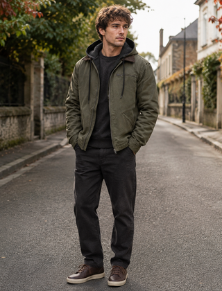 Giacca uomo verde militare con cappuccio e collo a contrasto marrone