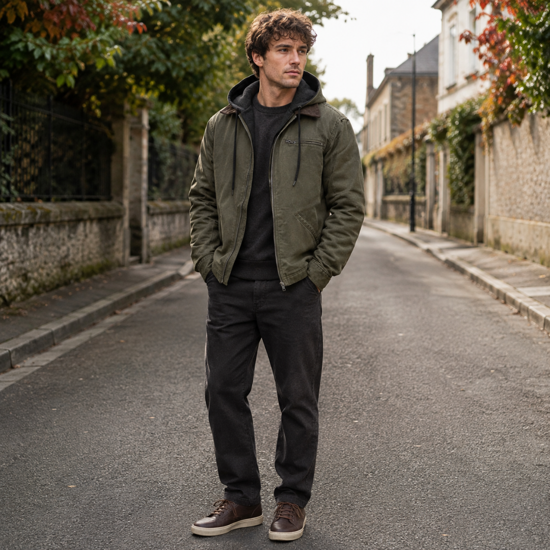 Giacca uomo verde militare con cappuccio e collo a contrasto marrone
