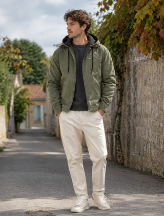Giacca verde da uomo con cappuccio a coulisse e tasca con zip sul petto