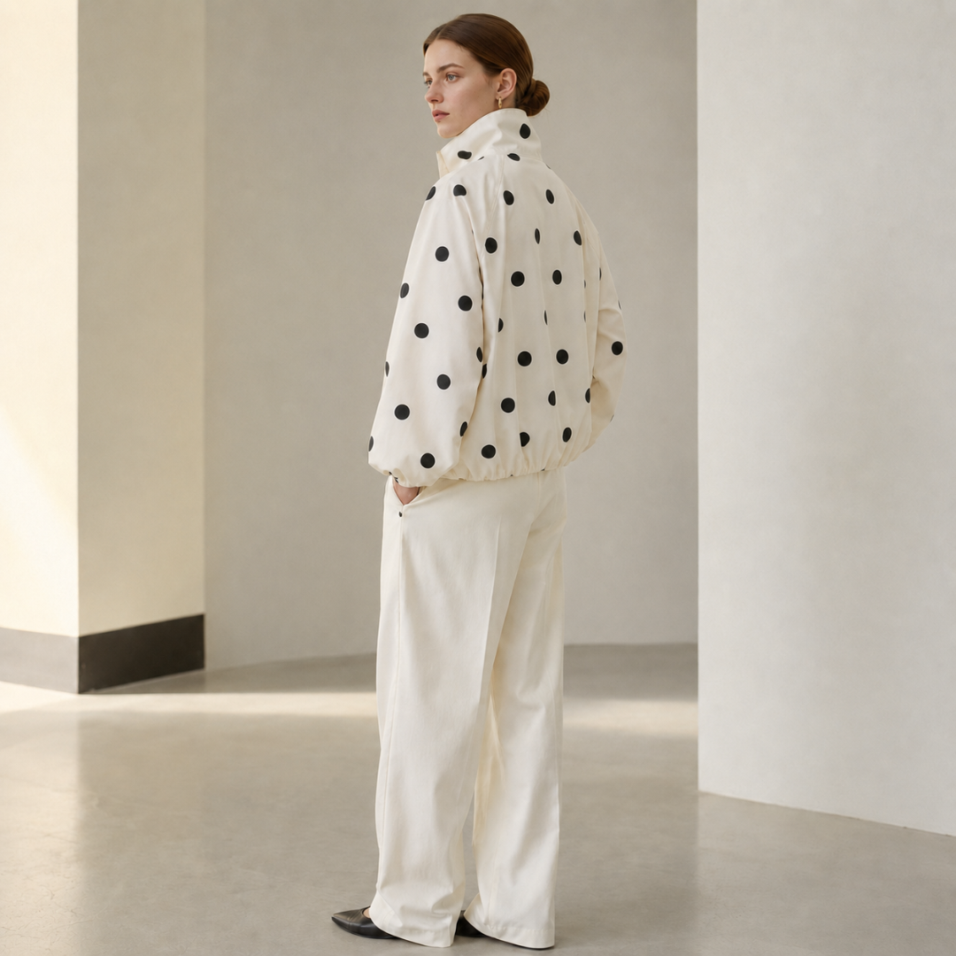 Retro della giacca beige a pois neri con bordo arricciato sul fondo
