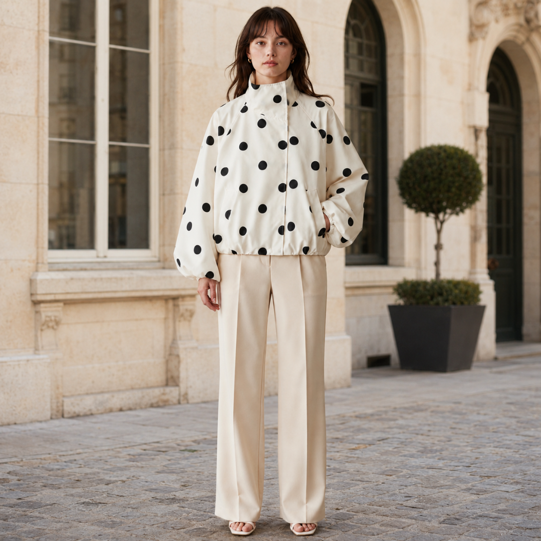 Look completo con giacca beige a pois neri e pantaloni chiari larghi