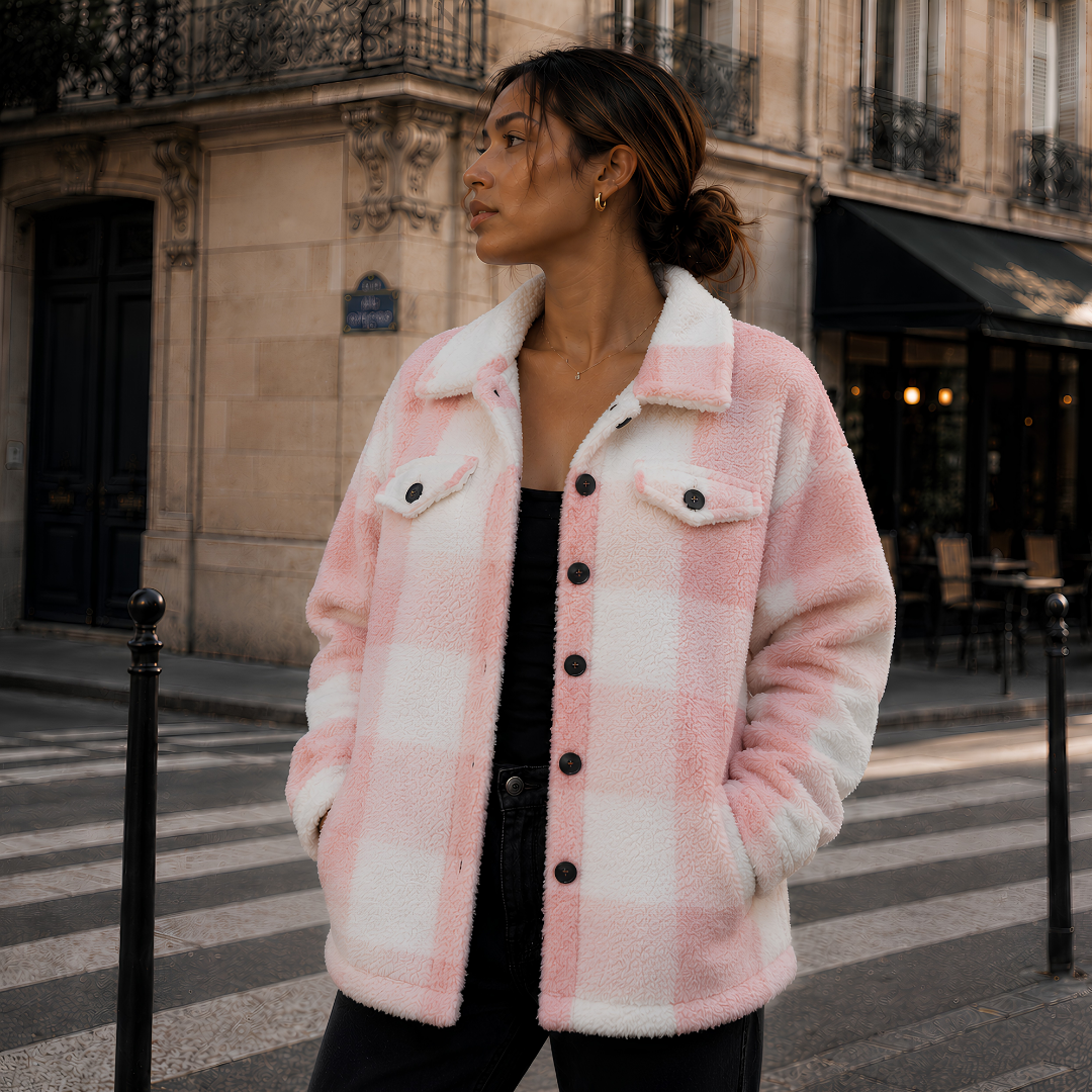Giacca a quadri rosa e bianco con colletto a camicia e chiusura con bottoni scuri