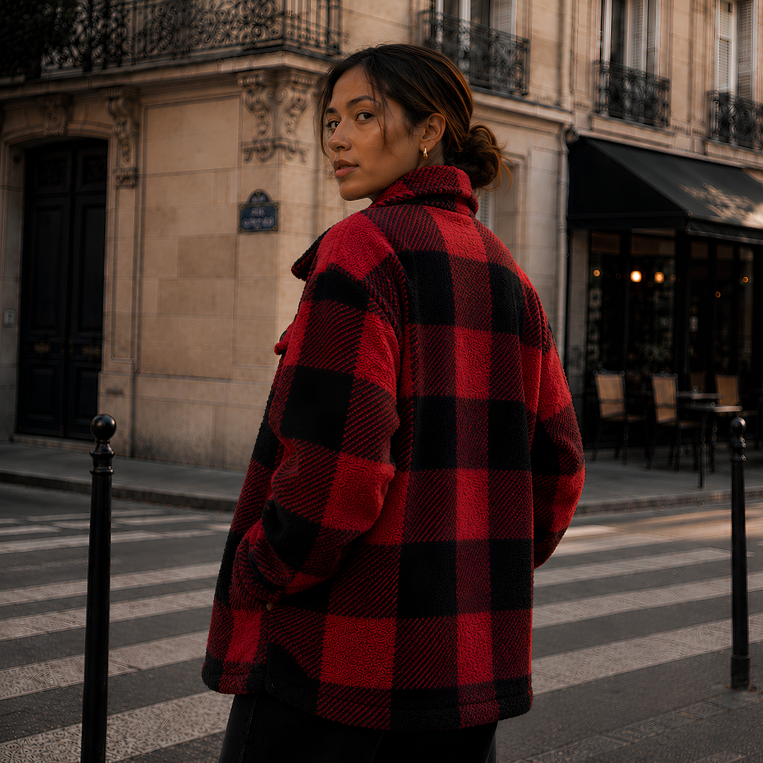 Retro della giacca donna a quadri rosso e nero con maniche lunghe ampie
