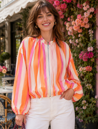 Giacca donna multicolore a righe verticali con zip e collo alla coreana