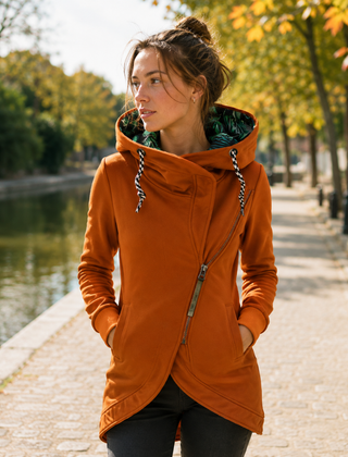 Giacca donna arancione con zip asimmetrica, cappuccio e coulisse bianche e nere