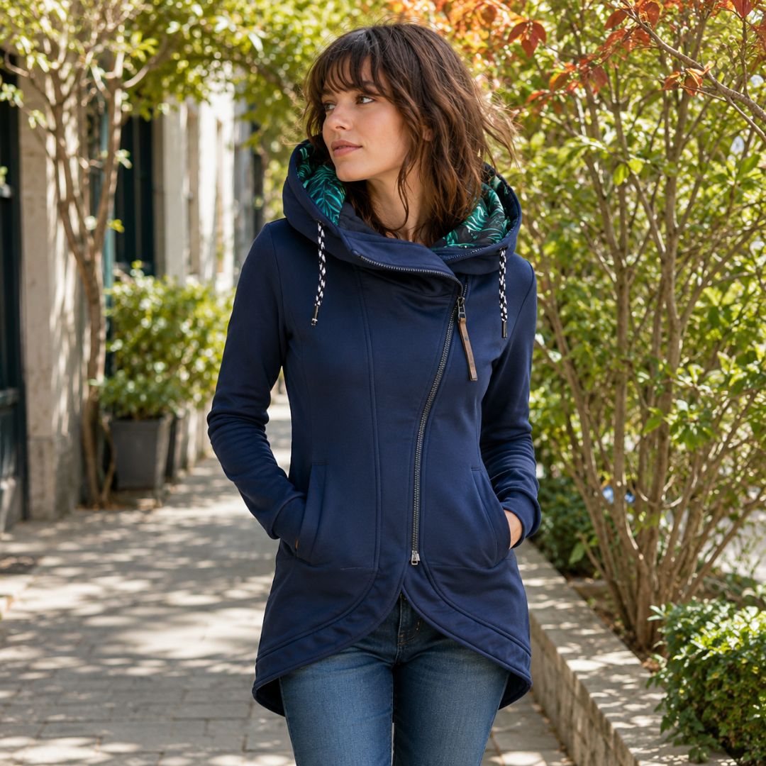 Giacca donna blu navy con zip asimmetrica, tasche e orlo arrotondato