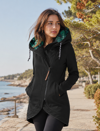 Giacca donna nera lunga con cappuccio, coulisse a contrasto e zip laterale