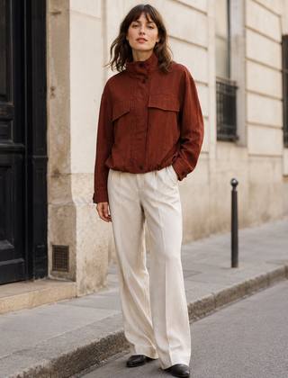 Giacca donna marrone con collo alto abbottonato e tasche con patta sul petto