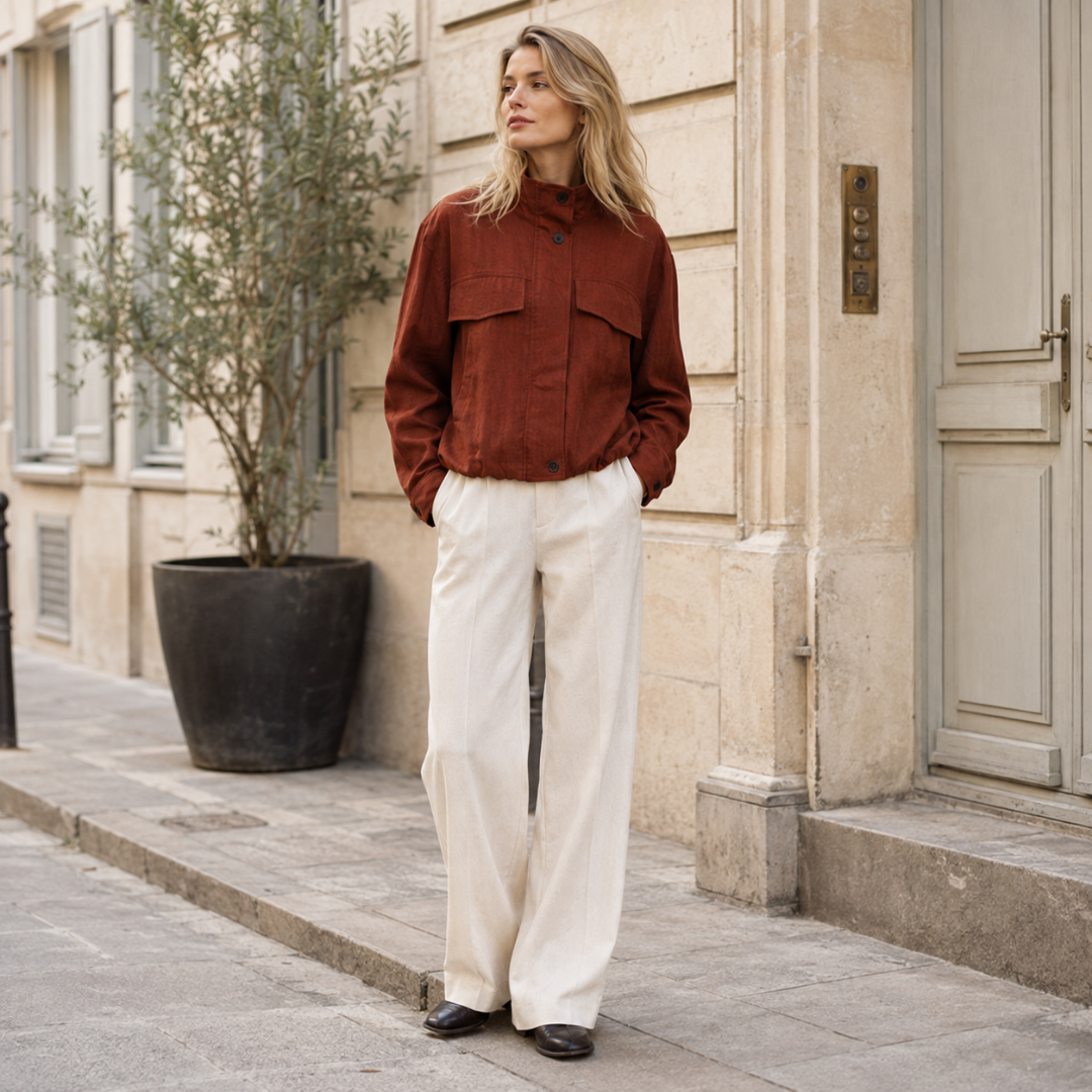 Giacca corta donna marrone abbinata a pantaloni ampi color crema in strada
