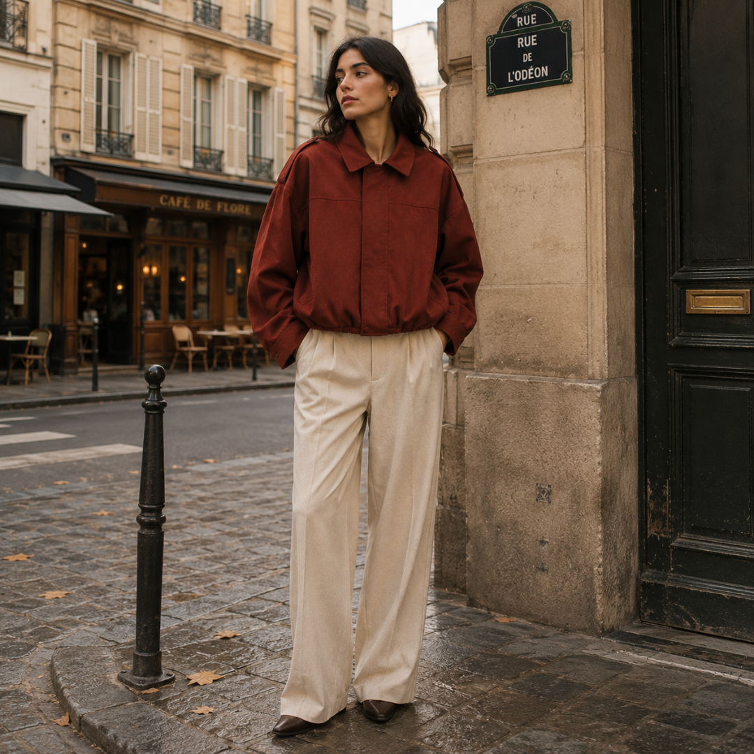 Giacca donna marrone con collo aperto e fondo arricciato, look urbano autunnale