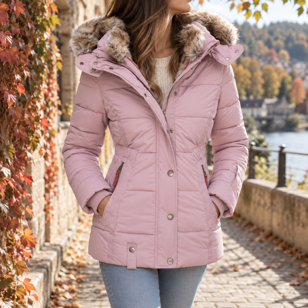 Giacca donna rosa trapuntata con cappuccio, bottoni a pressione e vita sagomata