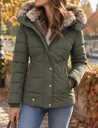 Giacca donna verde salvia imbottita con cappuccio effetto pelliccia e zip sulle tasche