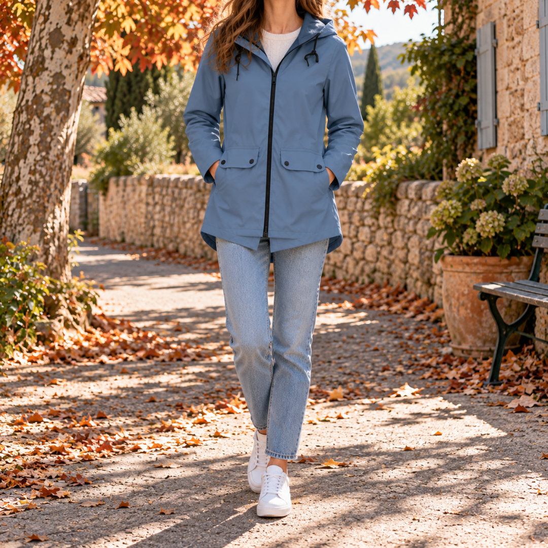 Giacca azzurra con coulisse in vita e zip aperta, indossata con pantaloni chiari